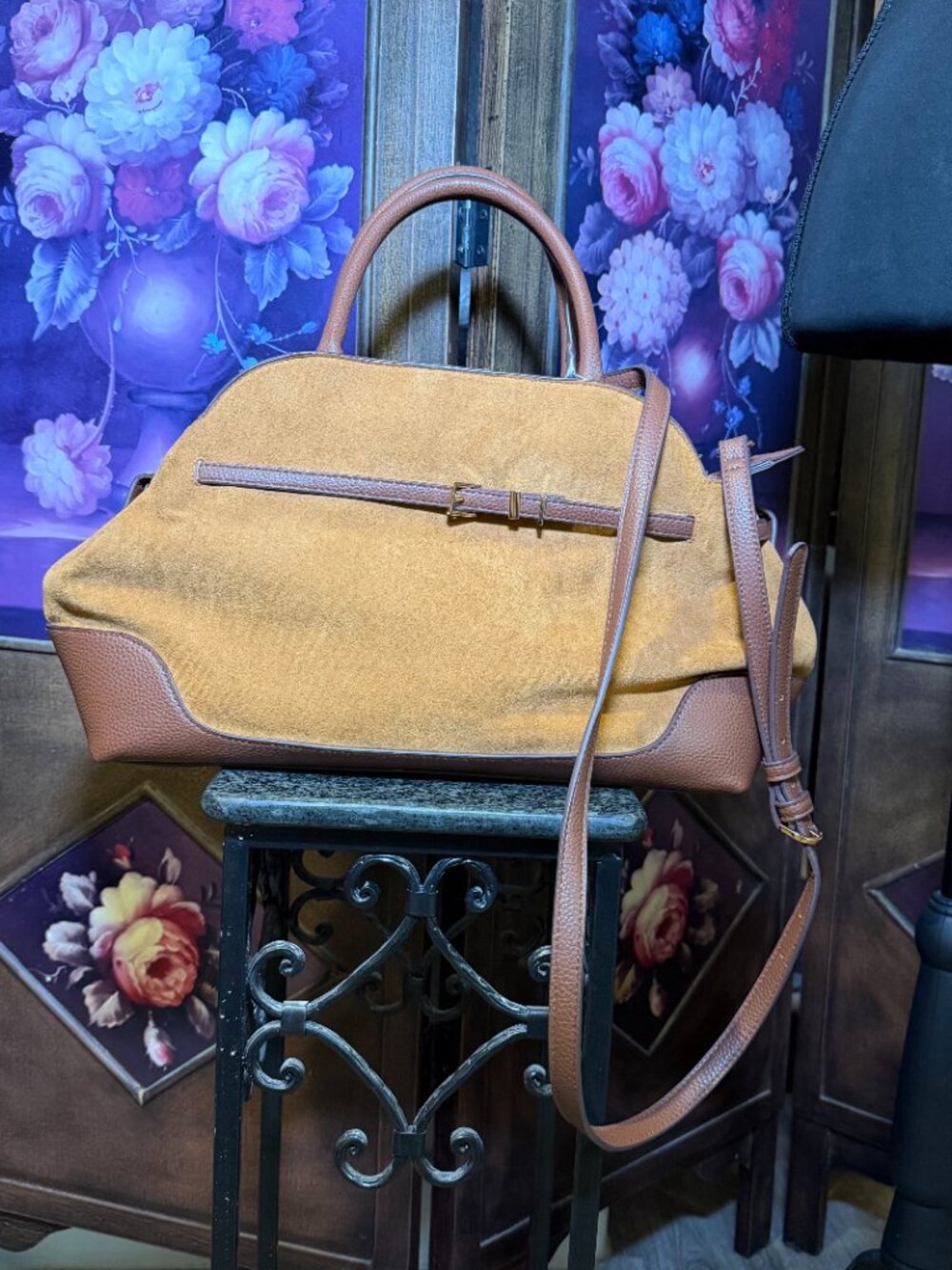 A New Day Brown Tan Faux Suede Satchel Handbag Crossbody Shoulder Bag